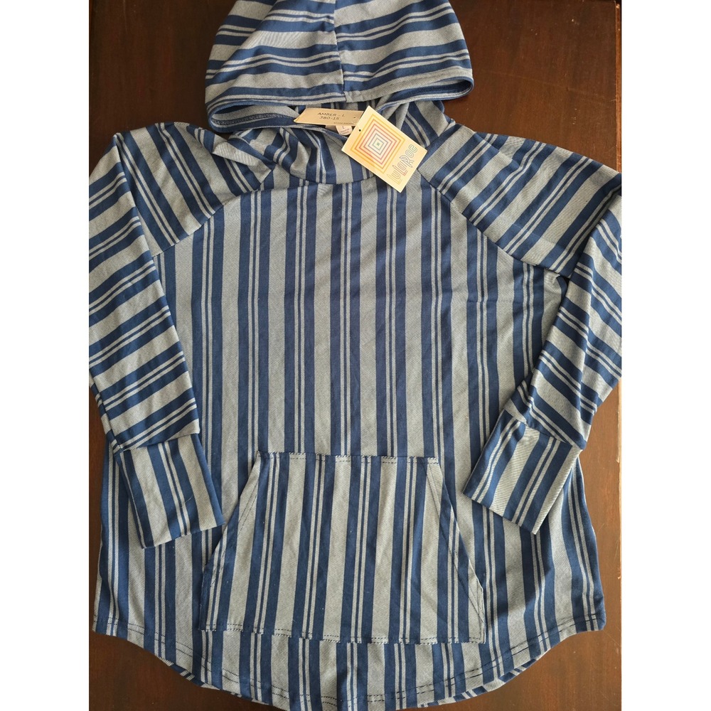 LuLaRoe Amber Hoodie Womens Large Blue Grey Striped Raglan Long Sleeve NWT